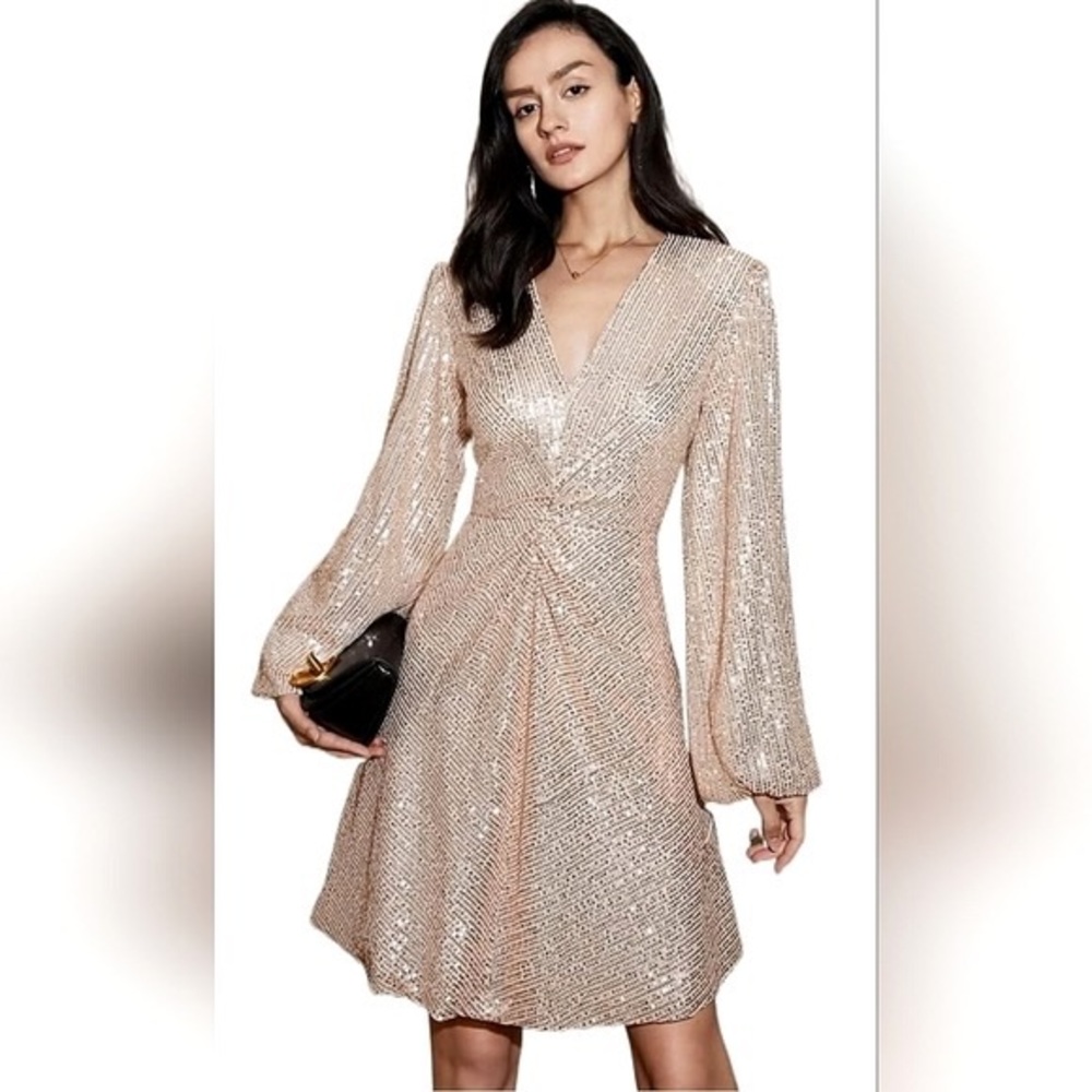 NWT AEL Amy Enjoy Life Gold Sequin Ruched Party Cocktail Mini Dress Size Small